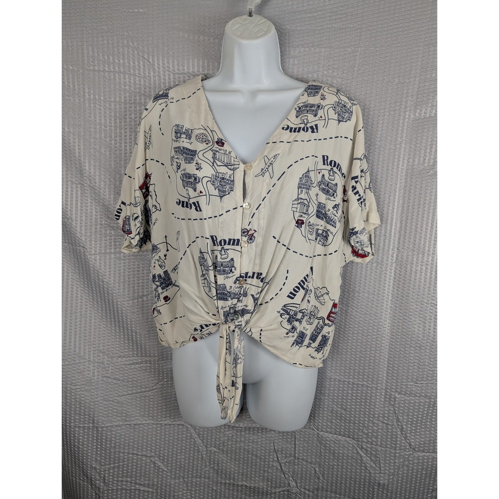 Tru Self Womens XL Paris London Rome Map Print Tie Front Rayon Blouse Top